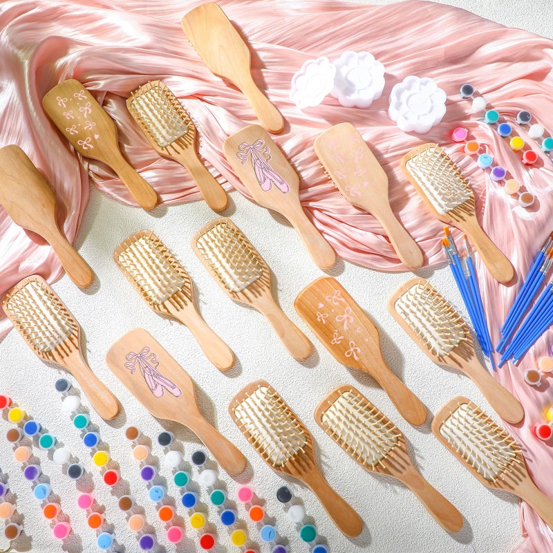 Meanplan 16 Set DIY Wooden Hairbrush Painting Kits Make Your Own Hair Brush Hand-Painted Hairbrush Night Party Supplies with Paint Brush and Palette for DIY Gift Party Crafts (Square) - Image 3