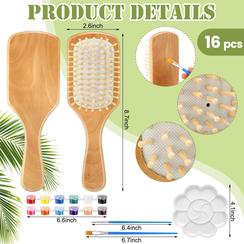 Meanplan 16 Set DIY Wooden Hairbrush Painting Kits Make Your Own Hair Brush Hand-Painted Hairbrush Night Party Supplies with Paint Brush and Palette for DIY Gift Party Crafts (Square) - Image 2