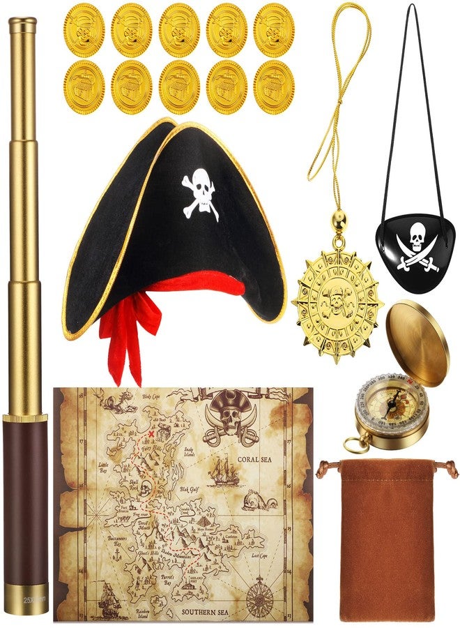 Woanger 17 Piece Set Pirate Monocular Telescope Treasure Map Pirate Hat Eye Patch Pocket Compass Pirate Necklace Plastic Coins with Velvet Bag for Pirate Party Supplies - Image 1