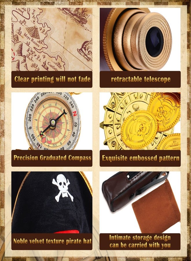 Woanger 17 Piece Set Pirate Monocular Telescope Treasure Map Pirate Hat Eye Patch Pocket Compass Pirate Necklace Plastic Coins with Velvet Bag for Pirate Party Supplies - Image 3