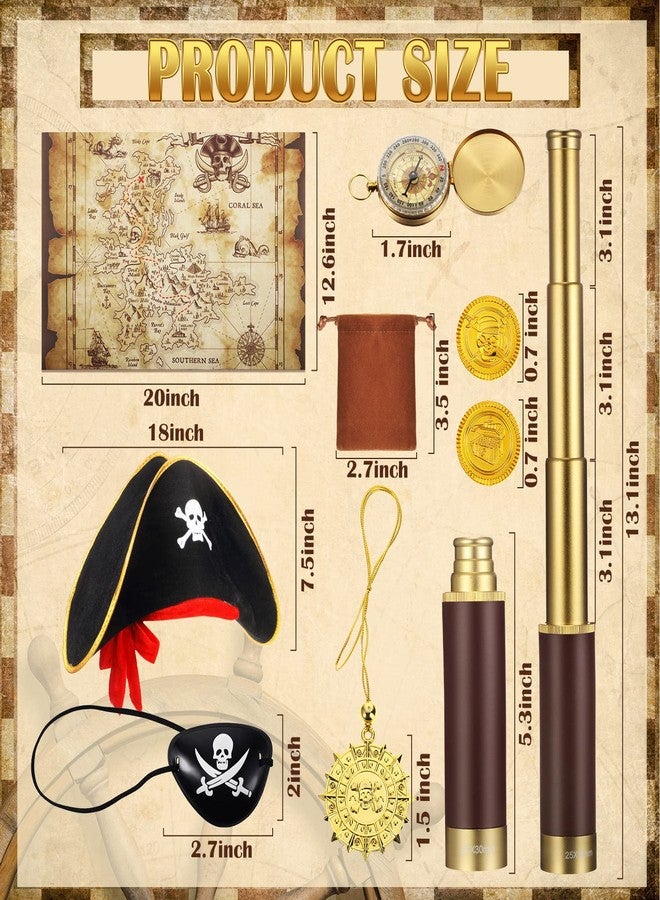 Woanger 17 Piece Set Pirate Monocular Telescope Treasure Map Pirate Hat Eye Patch Pocket Compass Pirate Necklace Plastic Coins with Velvet Bag for Pirate Party Supplies - Image 2