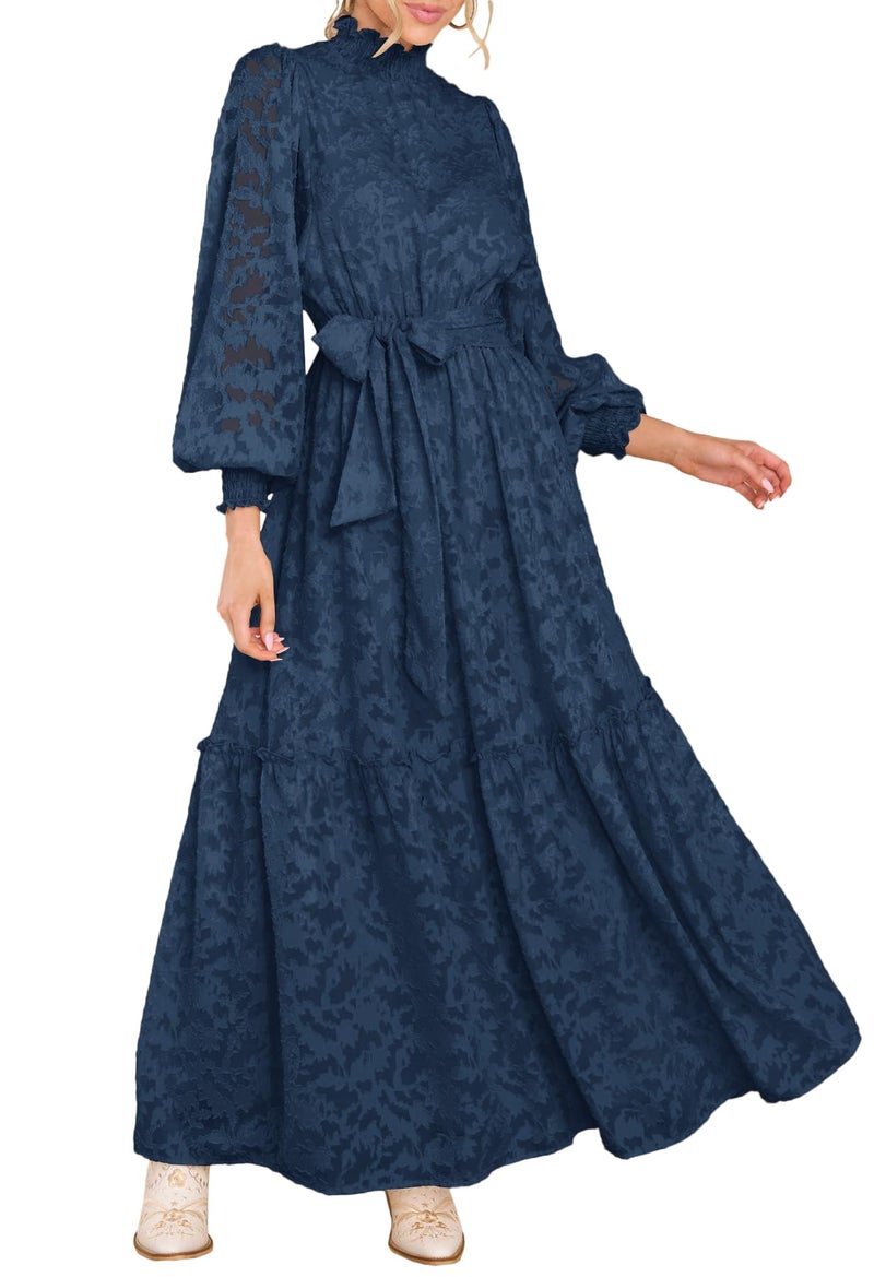 MITILLY Women's Fall Dresses Elegant Floral High Neck Long Sleeve Elastic Waist Formal Maxi Dress with Belt Medium Dark Blue - Image 1