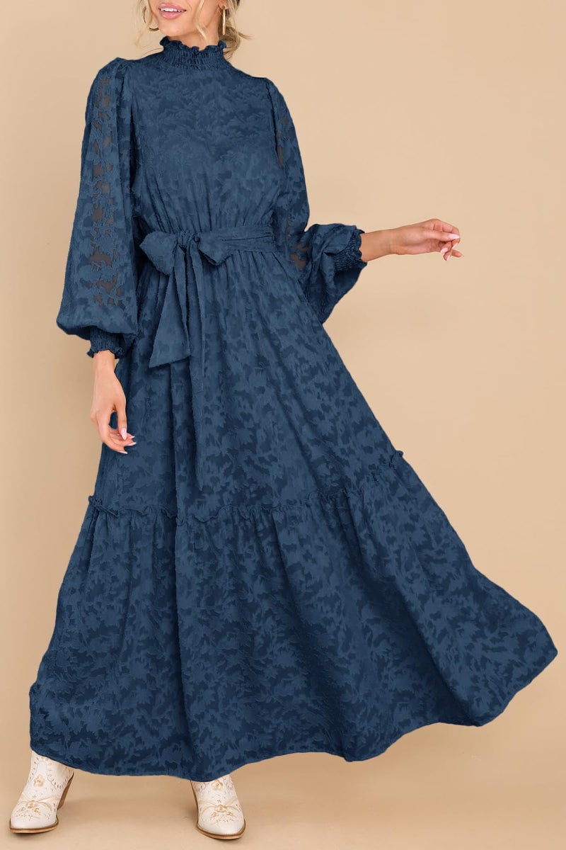 MITILLY Women's Fall Dresses Elegant Floral High Neck Long Sleeve Elastic Waist Formal Maxi Dress with Belt Medium Dark Blue - Image 4