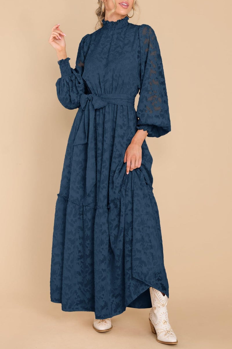 MITILLY Women's Fall Dresses Elegant Floral High Neck Long Sleeve Elastic Waist Formal Maxi Dress with Belt Medium Dark Blue - Image 5
