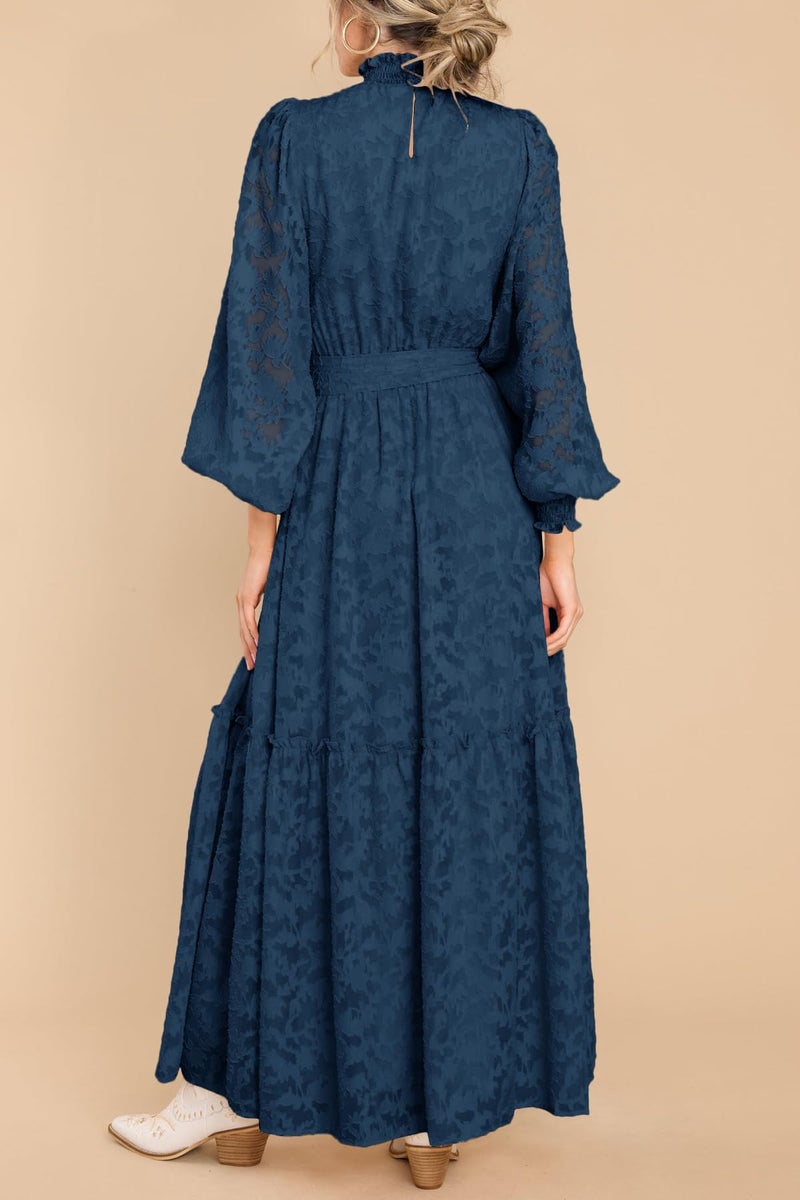 MITILLY Women's Fall Dresses Elegant Floral High Neck Long Sleeve Elastic Waist Formal Maxi Dress with Belt Medium Dark Blue - Image 3