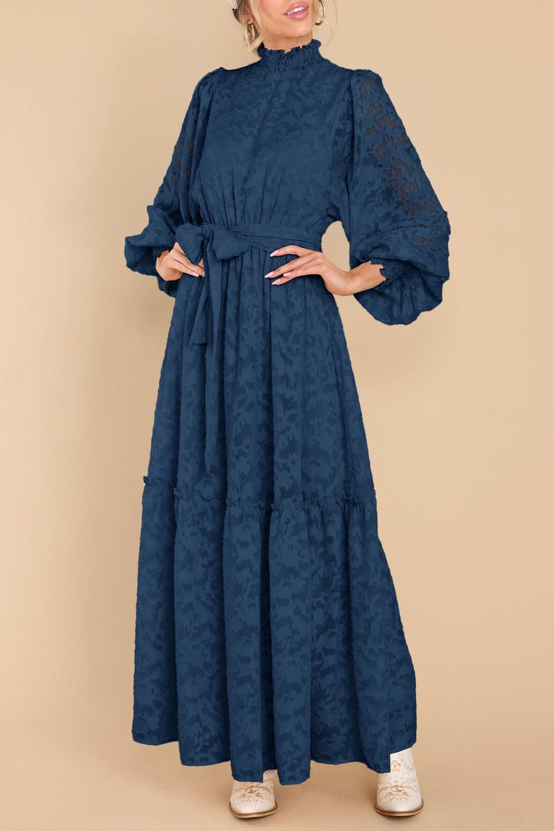 MITILLY Women's Fall Dresses Elegant Floral High Neck Long Sleeve Elastic Waist Formal Maxi Dress with Belt Medium Dark Blue - Image 2