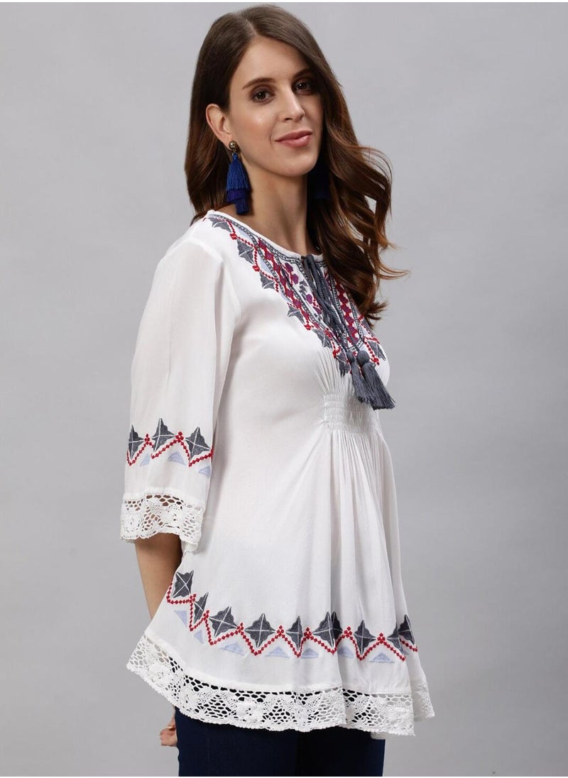ISHIN Women's White 100% Cotton Embroidered Tunic Regular Fit Tops  - Image 3