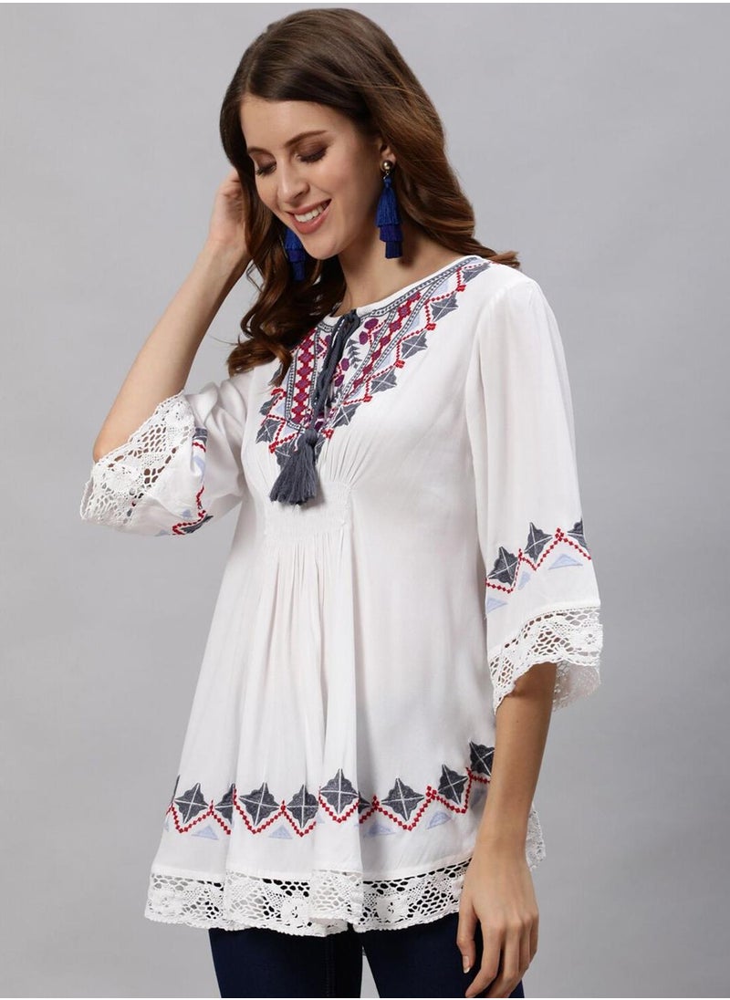 ISHIN Women's White 100% Cotton Embroidered Tunic Regular Fit Tops  - Image 5