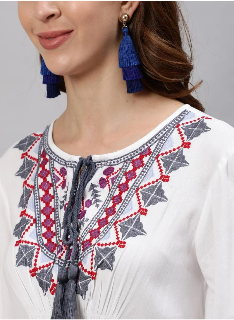 آي شين Women's White 100% Cotton Embroidered Tunic Regular Fit Tops