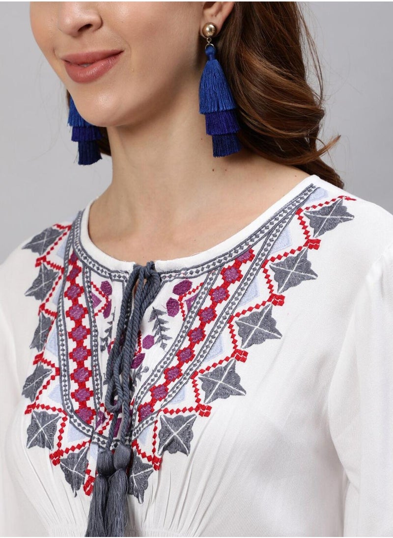 ISHIN Women's White 100% Cotton Embroidered Tunic Regular Fit Tops  - Image 2