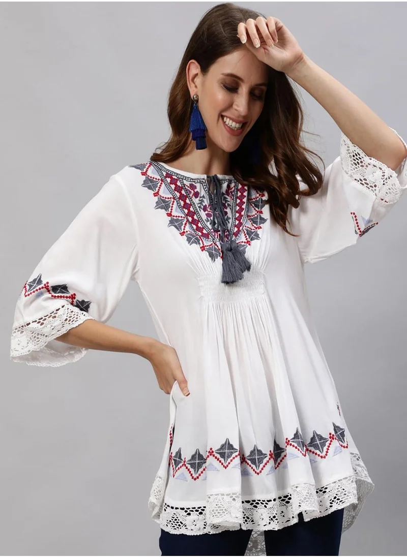 آي شين Women's White 100% Cotton Embroidered Tunic Regular Fit Tops
