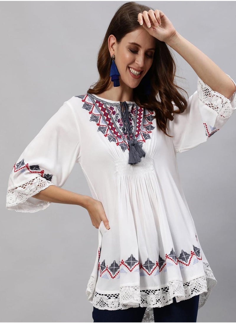 ISHIN Women's White 100% Cotton Embroidered Tunic Regular Fit Tops  - Image 1