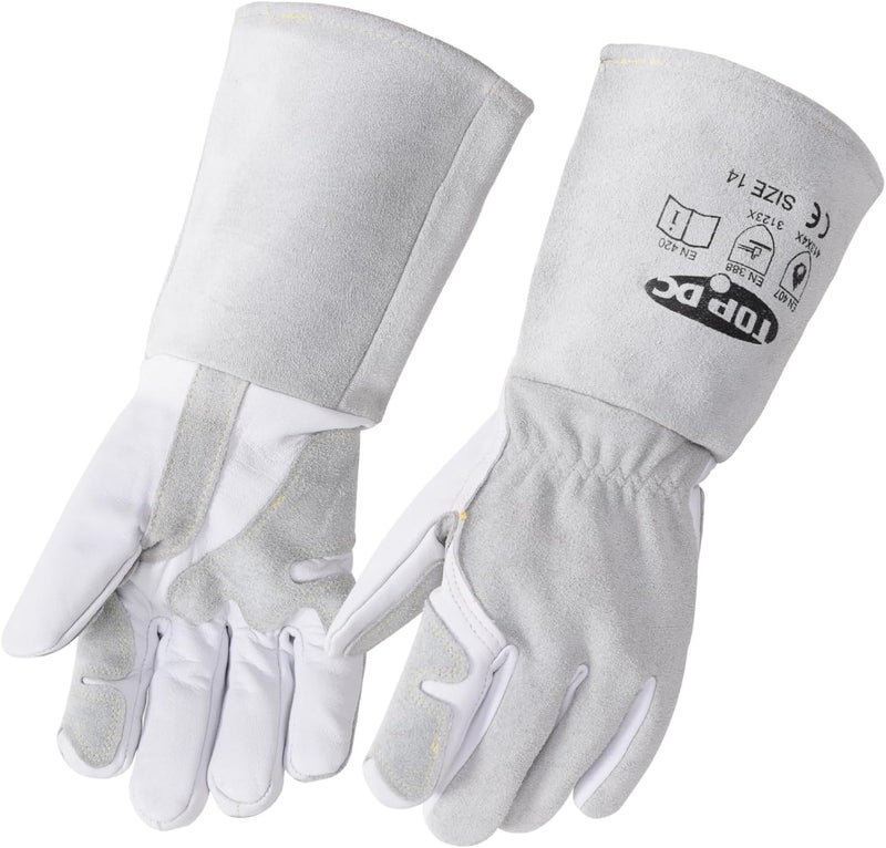 TOPDC Premium Goatskin Leather Welding Gloves, Split Cowhide Back, TIG Welding Gloves with Reinforced Palm Thumb Index Finger (Grey-White, 14 Inch Large) - Image 1