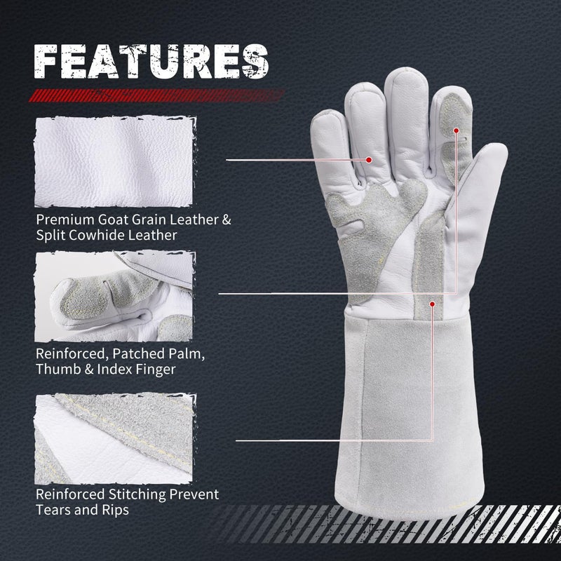 TOPDC Premium Goatskin Leather Welding Gloves, Split Cowhide Back, TIG Welding Gloves with Reinforced Palm Thumb Index Finger (Grey-White, 14 Inch Large) - Image 3