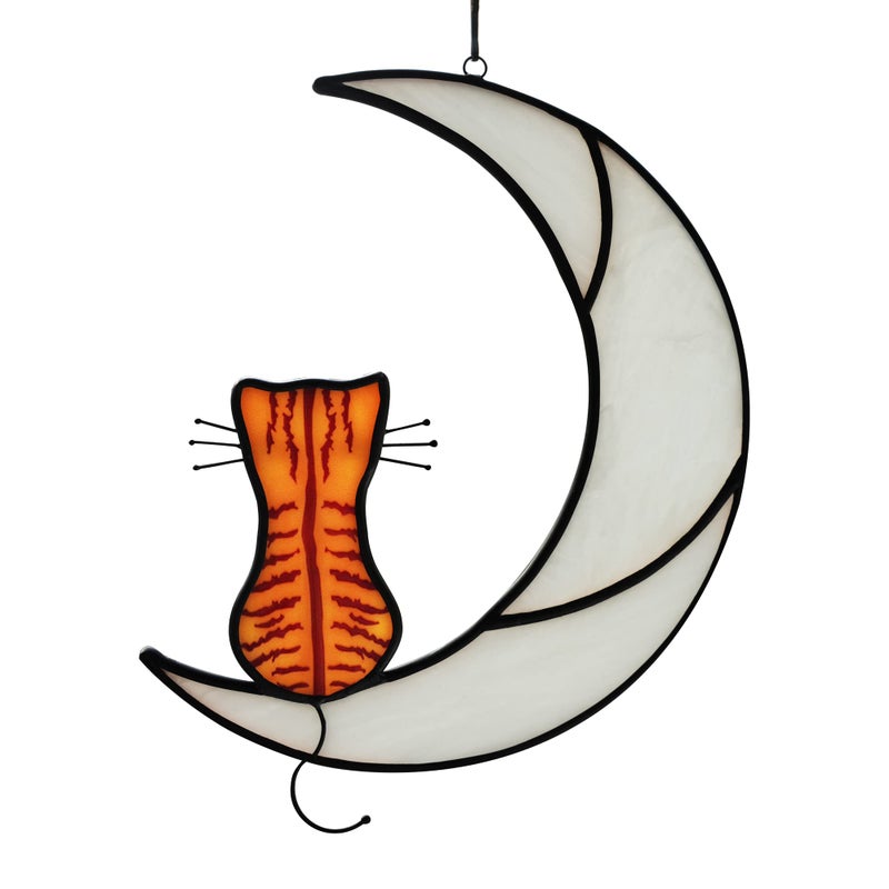 HAOSUM Stained Glass Orange Tabby Cat Decor Handmade Cats on Moon Window Hanging Suncatcher  Perfect Cat Lover Gift for Living Room Bedroom Windows Decoration