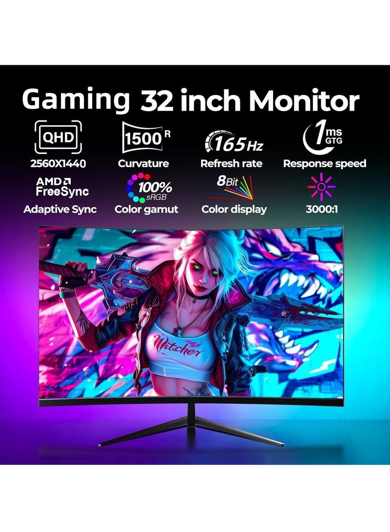 أهوامتي شاشة الألعاب المنحنية 32 بوصة 165 هرتز QHD (2560x1440) شاشات الكمبيوتر 2K شاشة عرض 1500R 1440P FreeSync 1ms 100٪ sRGB مناسبة للمكتب والألعاب - Image 2