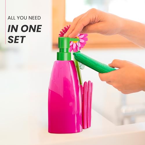 Vigar Flower Power Kitchen Soap Dispenser Set, Dish Soap Dispenser with Sponge Caddy and Dish Brush, Perfect Kitchen Sink Caddy, Pink, Green - Image 4