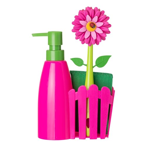 Vigar Flower Power Kitchen Soap Dispenser Set, Dish Soap Dispenser with Sponge Caddy and Dish Brush, Perfect Kitchen Sink Caddy, Pink, Green - Image 1