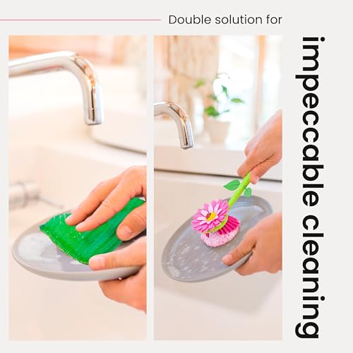 Vigar Flower Power Kitchen Soap Dispenser Set, Dish Soap Dispenser with Sponge Caddy and Dish Brush, Perfect Kitchen Sink Caddy, Pink, Green - Image 5