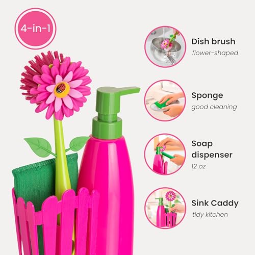 Vigar Flower Power Kitchen Soap Dispenser Set, Dish Soap Dispenser with Sponge Caddy and Dish Brush, Perfect Kitchen Sink Caddy, Pink, Green - Image 3