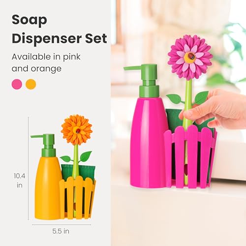 Vigar Flower Power Kitchen Soap Dispenser Set, Dish Soap Dispenser with Sponge Caddy and Dish Brush, Perfect Kitchen Sink Caddy, Pink, Green - Image 2