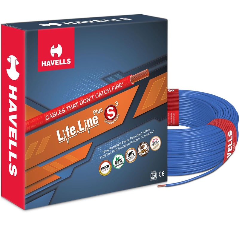 Havells LifeLine+ S3 | 0.75 sq.mm Copper Wire (90m-Blue)| Class 2 Conductor (100% Copper), Heat Resistant & Flame Retardant - Ideal for Domestic & Industrial Use (WHFFDNBA1X75) - Image 1