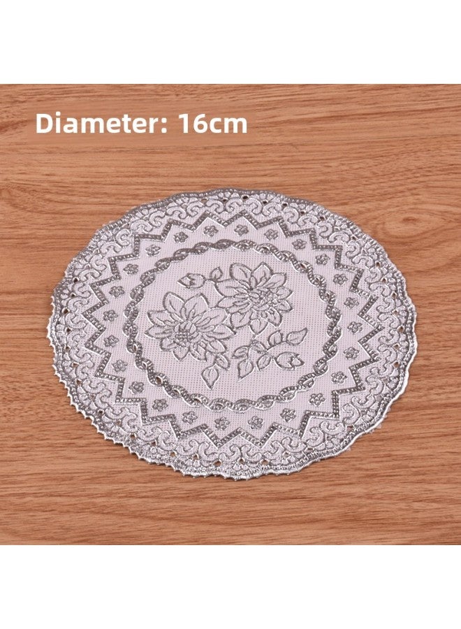 16cm Round Bronzing Coaster Mat European Style Table Lamp Mat Lotus 16cm Table Mat PVC Lace Gift Mat-Color:Round Silver Lotus-Specifications:16cm  - Image 1