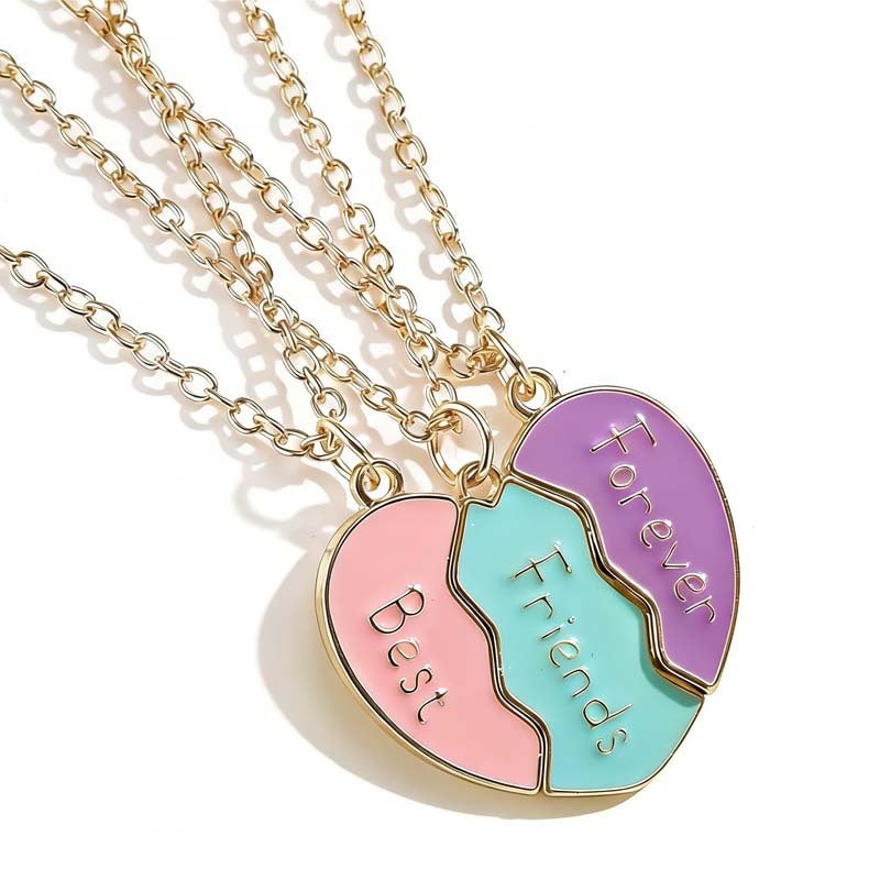 Split Heart Necklace 3-Piece Golden Alloy Set - Durable Secure Clasp Matching Heart Necklace for Best Friends, Special Occasions And Friendship Gift Givers - Image 1