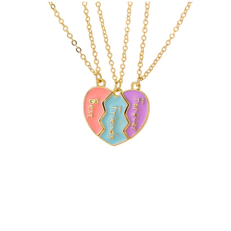 Split Heart Necklace 3-Piece Golden Alloy Set - Durable Secure Clasp Matching Heart Necklace for Best Friends, Special Occasions And Friendship Gift Givers - Image 2