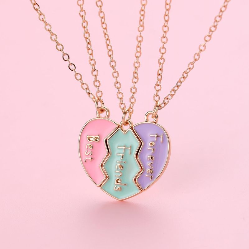 Split Heart Necklace 3-Piece Golden Alloy Set - Durable Secure Clasp Matching Heart Necklace for Best Friends, Special Occasions And Friendship Gift Givers - Image 4