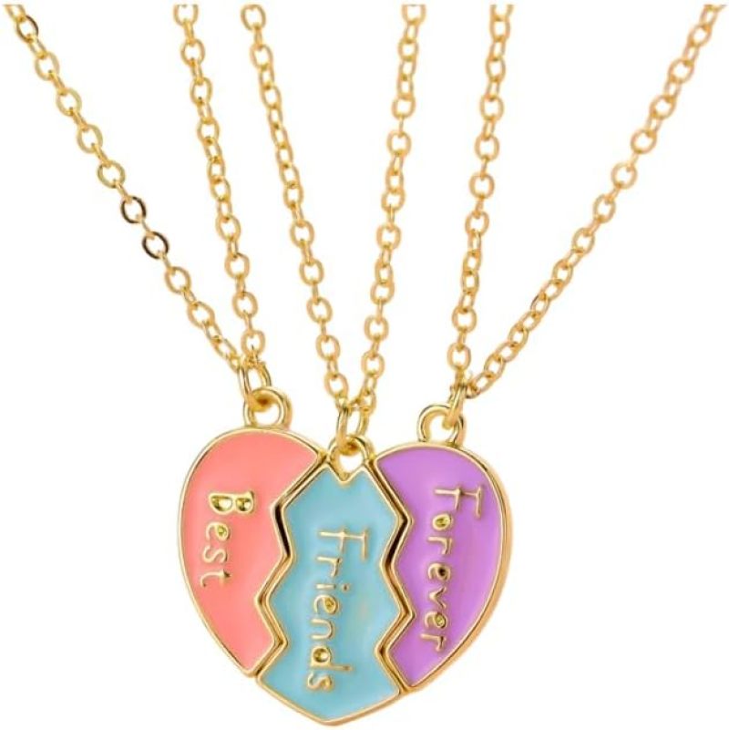 Split Heart Necklace 3-Piece Golden Alloy Set - Durable Secure Clasp Matching Heart Necklace for Best Friends, Special Occasions And Friendship Gift Givers - Image 3