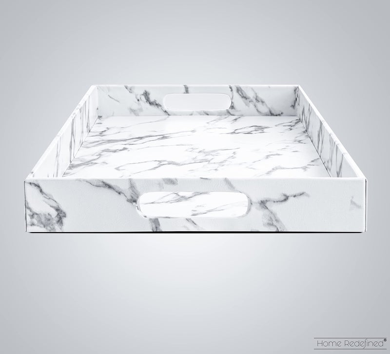 Home Redefined Modern Elegant 18"x12" Rectangle White Marble Faux Leather Decorative Tray Ottoman Coffee Table Perfume Living Room Kitchen Serving Tray Display Vanity with Handles for All Occasion's - Image 4
