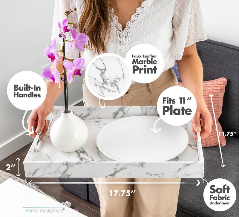 Home Redefined Modern Elegant 18"x12" Rectangle White Marble Faux Leather Decorative Tray Ottoman Coffee Table Perfume Living Room Kitchen Serving Tray Display Vanity with Handles for All Occasion's - Image 3
