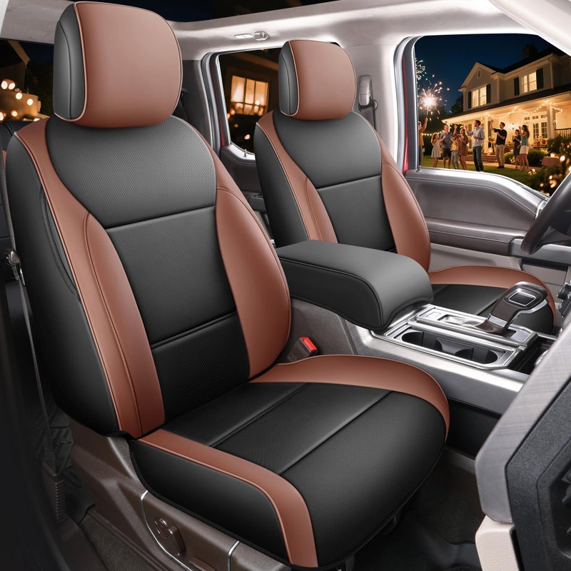 أغطية مقاعد السيارة الجلدية الحمراء فورد F150 مخصصة لسيارة فورد F150 سوبر كرو كاب 2015-2025 XL XLT STX بيك أب شاحنة حماية مقاعد السيارات 5 مقاعد أسود وبني