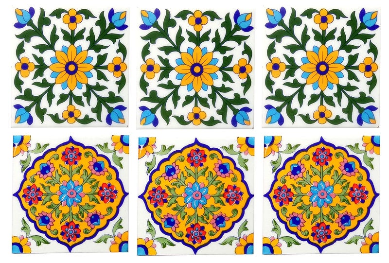 Shiv Kripa Blue Pottery Shiv Kripa Blue Pottery Home Decor Moroccan Interior Exterior Crafted Tabletop Floor Wall Ceramic Handcrafted Painted Wall Tiles 6 x 6 Inch Set of 6 Tiles Multi 