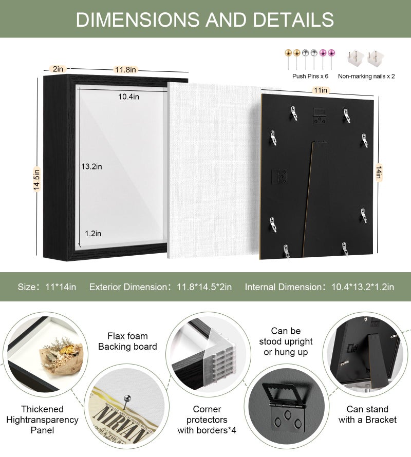RTZQQIN 11x14 Shadow Box Display Case Picture Frame with Soft Linen Back, Large Deep Black Shadow Box 11x14 for Flowers Medal Display Case Jersey pet Graduation Memorabilia Baby Ltems Crafts Photos - Image 3