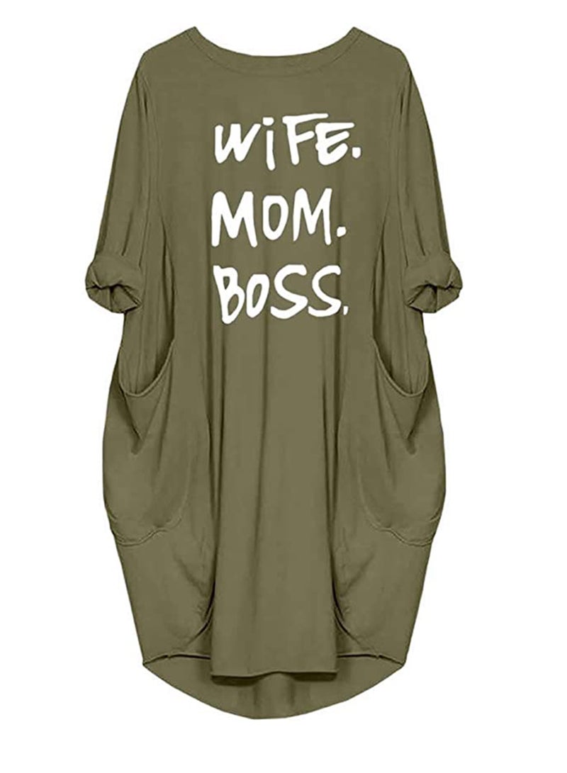 KASTWAVE Tshirt Dress, Nightdress, Wife Mom Boss Letters Print Cotton Long Sleeve T-Shirt Dresses Pockets Women's Nightdress for Summer (L) - Image 1