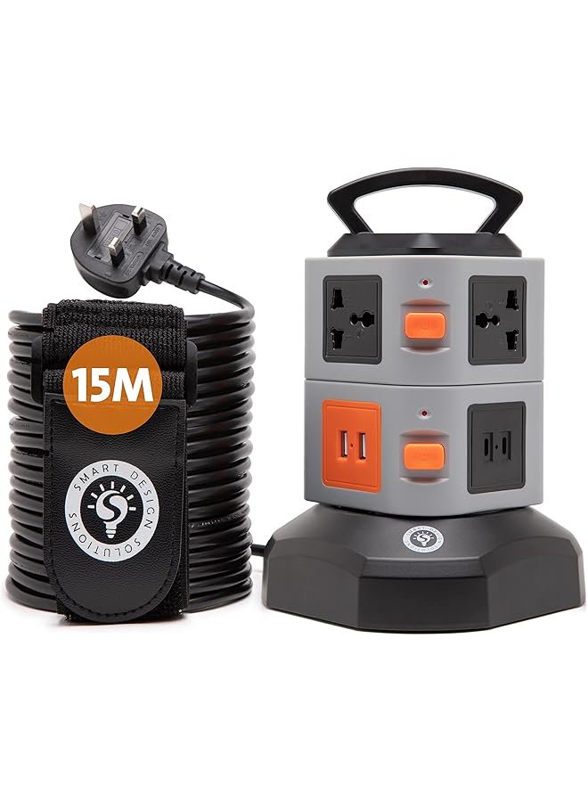 Smart Design Solutions Smart Design Solutions Vertical Extension Cord & Universal Power Tower: 5-15m Multi-Socket Cable, Surge Protector with USB-C, USB Ports, Type-C Charger, and Electric Plug for Home or Office Use  - Image 1