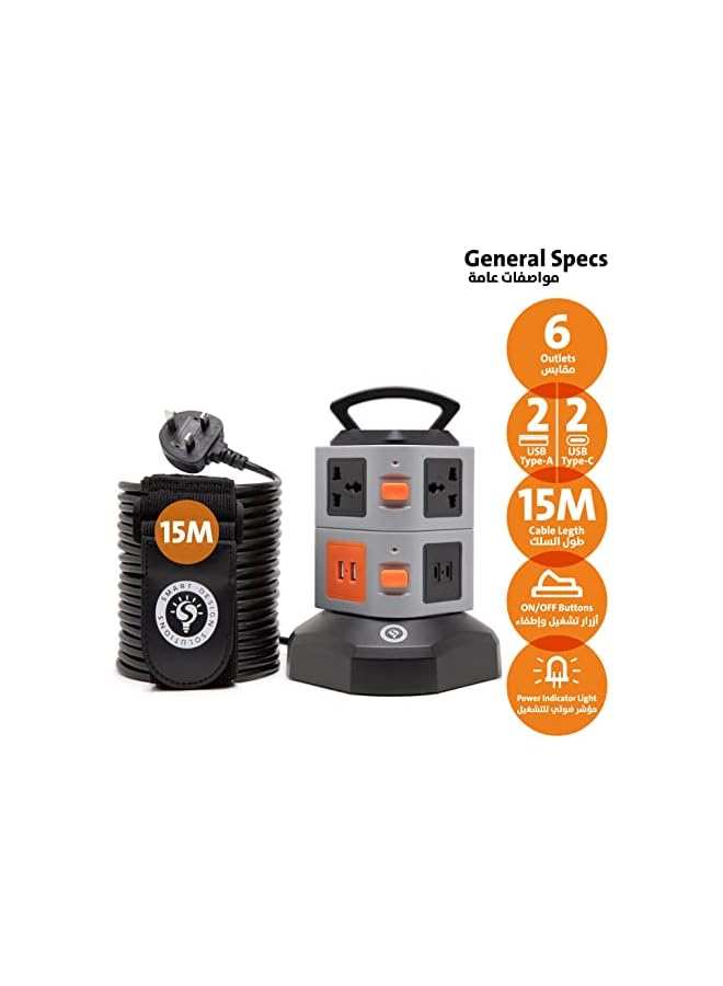 Smart Design Solutions Smart Design Solutions Vertical Extension Cord & Universal Power Tower: 5-15m Multi-Socket Cable, Surge Protector with USB-C, USB Ports, Type-C Charger, and Electric Plug for Home or Office Use  - Image 2