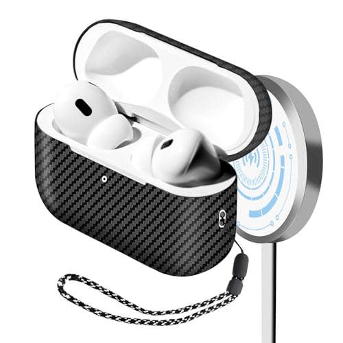 MONOCARBON Real Carbon Fiber Case for AirPods Pro 2nd Generation 2022 with Stripes Lanyard | Slim & Durable Cover for AirPods Pro 2 Accessories | Support Wireless Charging | Shock-Absorbing Protective - Image 1