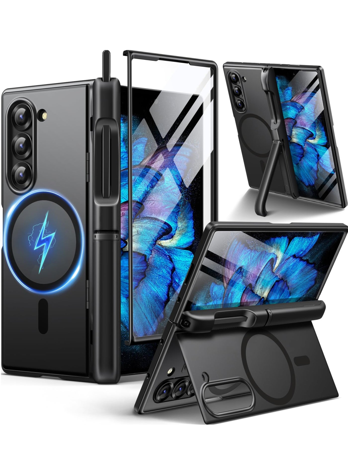 BERFY Magnetic Armor Stand for Samsung Galaxy Z Fold 6 with Screen Protector, Built-in S Pen Holder & 2 Invisible Kickstands, [Compatible with MagSafe] Full-Body Shockproof Case for Z Fold 6, Black