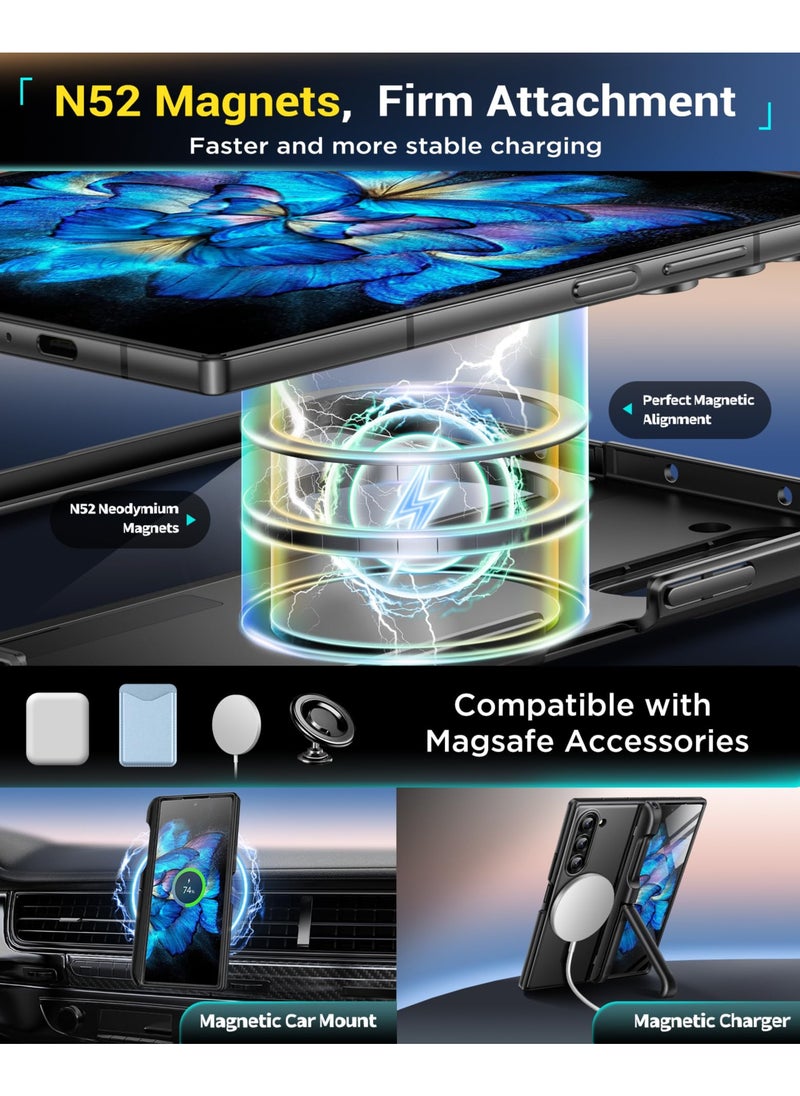 BERFY Magnetic Armor Stand for Samsung Galaxy Z Fold 6 with Screen Protector, Built-in S Pen Holder & 2 Invisible Kickstands, [Compatible with MagSafe] Full-Body Shockproof Case for Z Fold 6, Black  - Image 4