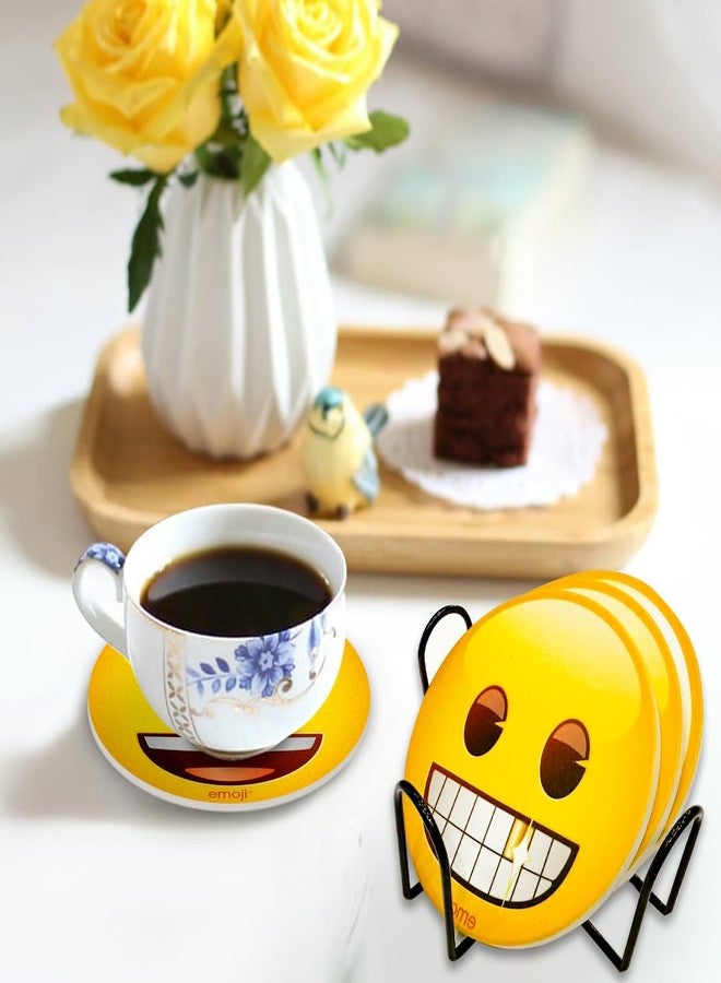 MORCART Emoji Absorbent Ceramic Drink Coasters with Holder, Set of 6, 4 Inch Round Coasters with Cork Backing, Non-Slip, Fun Yellow Face Design for Coffee Table, Home Decor & Housewarming Gifts - Image 2