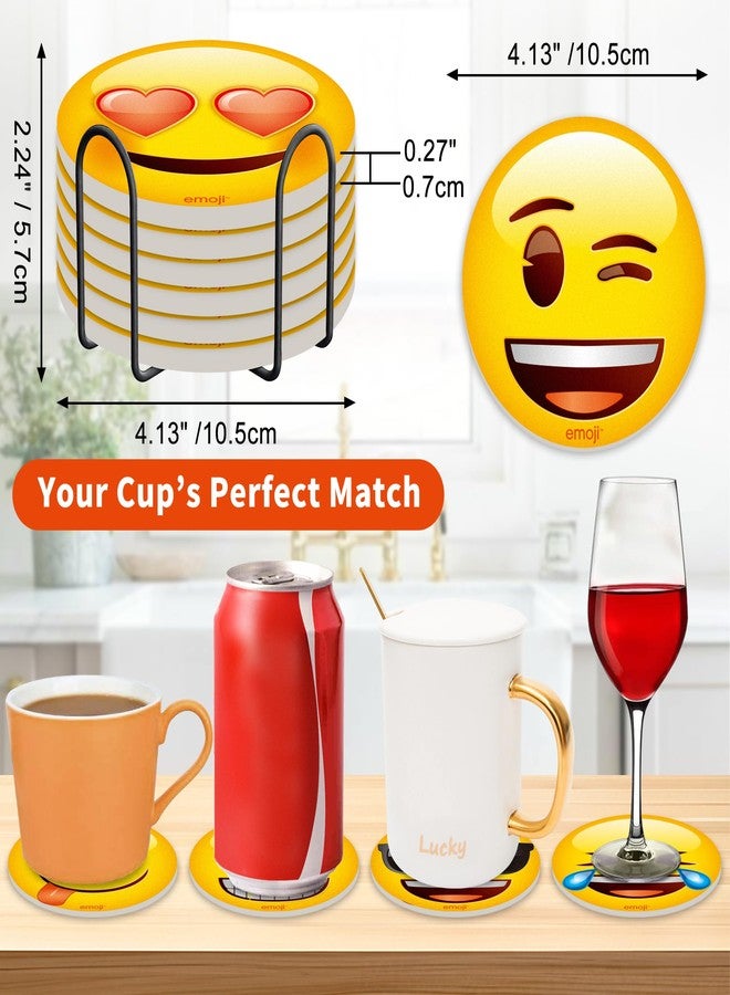 MORCART Emoji Absorbent Ceramic Drink Coasters with Holder, Set of 6, 4 Inch Round Coasters with Cork Backing, Non-Slip, Fun Yellow Face Design for Coffee Table, Home Decor & Housewarming Gifts - Image 3