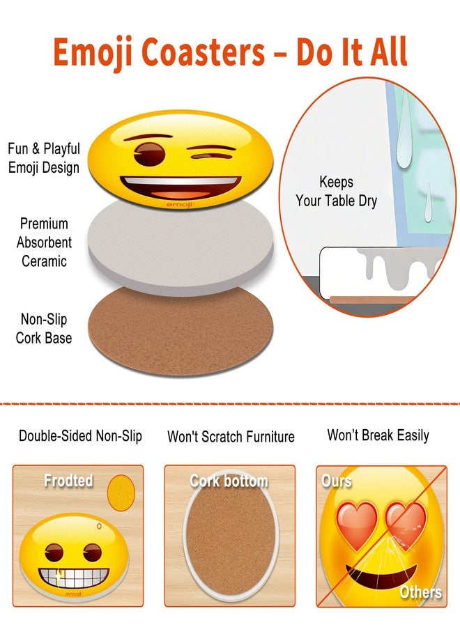MORCART Emoji Absorbent Ceramic Drink Coasters with Holder, Set of 6, 4 Inch Round Coasters with Cork Backing, Non-Slip, Fun Yellow Face Design for Coffee Table, Home Decor & Housewarming Gifts - Image 4