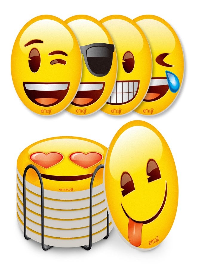 MORCART Emoji Absorbent Ceramic Drink Coasters with Holder, Set of 6, 4 Inch Round Coasters with Cork Backing, Non-Slip, Fun Yellow Face Design for Coffee Table, Home Decor & Housewarming Gifts - Image 1