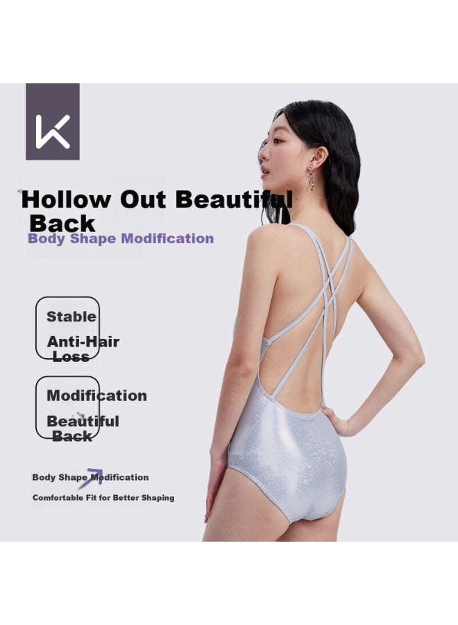 Keep Women's Fashion One-piece Triangle Swimsuit For Swimming Pool And Hot Springs, High-end Compeive Swimwear, Gray And White, Size L - Image 4