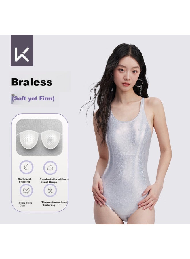 Keep Women's Fashion One-piece Triangle Swimsuit For Swimming Pool And Hot Springs, High-end Compeive Swimwear, Gray And White, Size L - Image 2