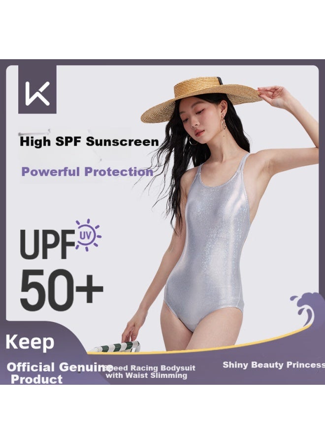Keep Women's Fashion One-piece Triangle Swimsuit For Swimming Pool And Hot Springs, High-end Compeive Swimwear, Gray And White, Size L - Image 1