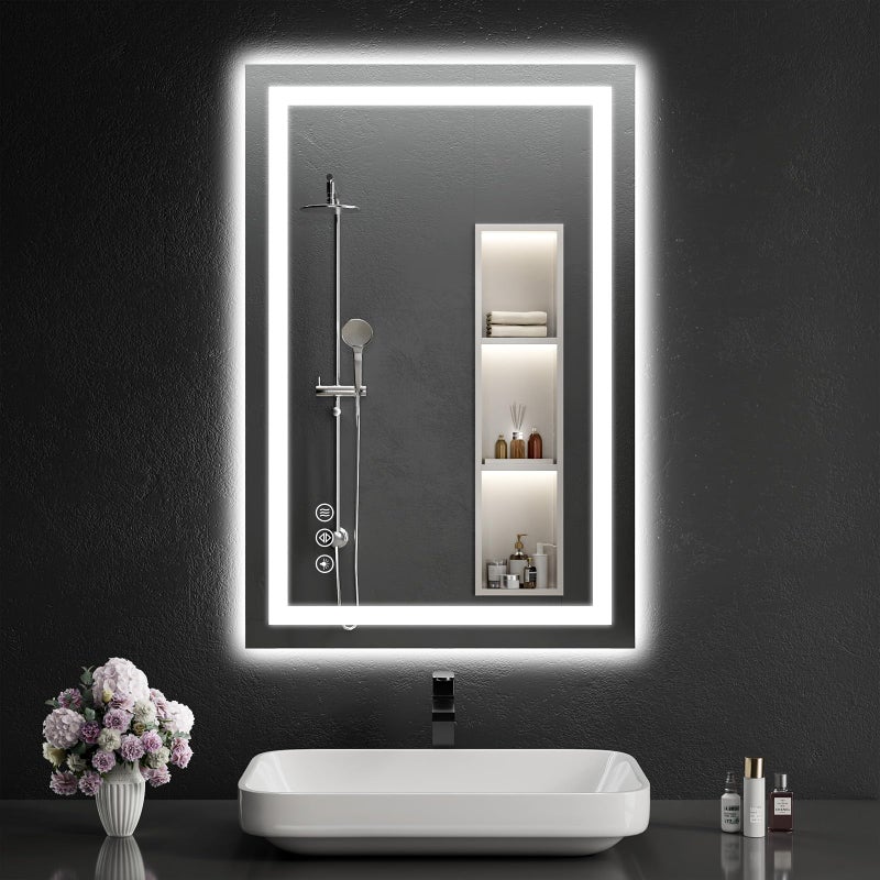 WISSMIELS مرآة حمام LED WISSMIELS 24"x36" مع أضواء، قابلة للتعتيم، مضادة للضباب، مرآة زينة حمام مضاءة للجدار، مضاءة من الخلف + من الأمام، وظيفة الذاكرة، مقاومة للكسر، زجاج مقسى - Image 1